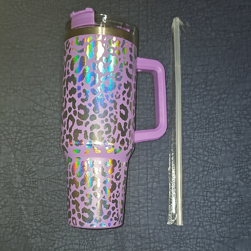 Large Purple & Silver Leopard Print Tumbler with Straw